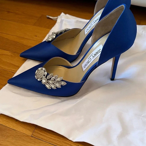 Jimmy Choo Blue Satin Crystal Embellished D'ORSAY Heels Pump US 8.5 / 38.5 - Picture 2 of 6